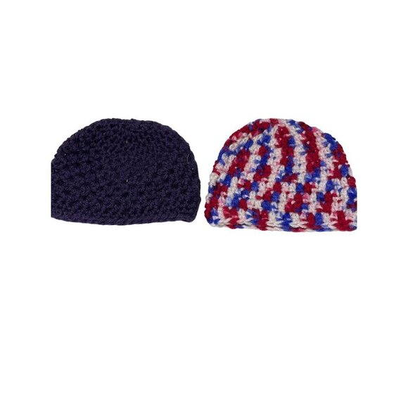 Handmade Crochet Baby Beanie Set - Purple & Red/White/Blue - Picture 1 of 5